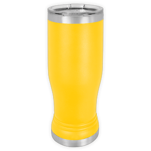 A BLANK ITEM - 14 oz Insulated Pilsner Glass by Kodiak Coolers, featuring yellow stainless steel and a clear plastic lid, ideal for logo promo gifts or custom mugs, shown upright against a white background.