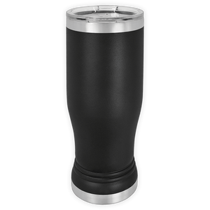 A BLANK ITEM - 14 oz Insulated Pilsner Glass by Kodiak Coolers in black stainless steel with a clear plastic lid stands upright on a white background—ideal for custom mugs or logo promotional gifts.