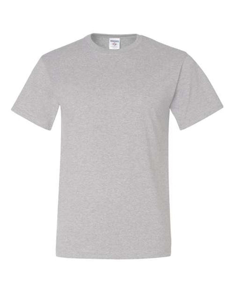 A JERZEES Midweight Dri-Power 50/50 T-shirt with moisture management performance, made of cotton/polyester blend, on a white background.