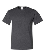 A men's charcoal Jerzees Midweight Dri-Power 50/50 T-Shirt made of cotton/polyester fabric, featuring moisture management performance and pre-shrunk for ultimate comfort.