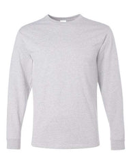 A JERZEES Midweight Dri-Power Long Sleeve 50/50 T-Shirt on a white background made of cotton/polyester fabric.