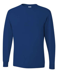 A blue long-sleeved JERZEES Midweight Dri-Power Long Sleeve 50/50 T-Shirt made of moisture-management performance fabric.