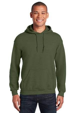 A person smiles against a white background, wearing a Gildan Heavy Blend™ Hooded Sweatshirt 18500 (Pack of 36) in olive green, featuring a front pocket, drawstrings, custom screen printed logo, and sustainable manufacturing.
