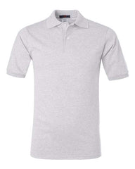 A plain light gray short-sleeve polo shirt with a collar and a three-button placket, featuring JERZEES Midweight Polo Cotton Poly Blend SpotShield 50/50 quality for added durability.