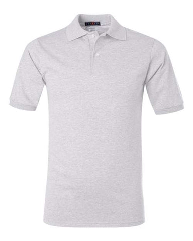A plain light gray short-sleeve polo shirt with a collar and a three-button placket, featuring JERZEES Midweight Polo Cotton Poly Blend SpotShield 50/50 quality for added durability.