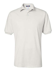 A plain, short-sleeved white polo shirt with a collar and three buttons, featuring the quality of the Jerzees Midweight Polo Cotton Poly Blend SpotShield 50/50 by JERZEES.