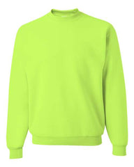 A lime green JERZEES NuBlend Safety Crewneck Sweatshirt on a white pre-shrunk background.