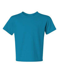 A personalized child's blue t-shirt with a JERZEES Dri-Power Youth 50/50 T-Shirt on a white background.