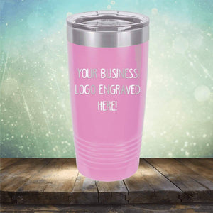 Promotional gift Custom Logo 20 oz Tumbler with logo engraved placement on a wooden surface against a bokeh background.