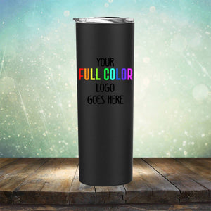 A black tumbler, perfect for coffee mugs enthusiasts, displays the text "Custom UV Printed Drinkware - ONE TIME SPECIAL OFFER" with a foil lid in a colorful background setting on a wooden surface by Kodiak Coolers.