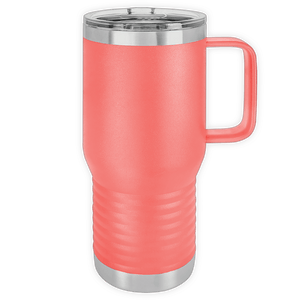 Red insulated travel tumbler with a stainless steel rim, custom printed with logo, ideal as a promotional gift.