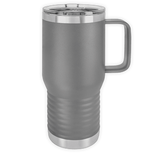 Insulated stainless steel travel mug, custom printed with logo, with a handle on a gray background.
BLANK ITEM - 20 oz Insulated Travel Tumbler with Built in Handle by Kodiak Coolers.