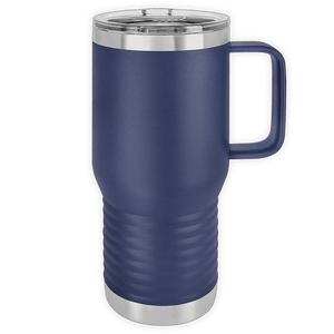 Navy blue BLANK ITEM - 20 oz Insulated Travel Tumbler with Built in Handle by Kodiak Coolers, with a stainless steel base, and custom printed with logo.