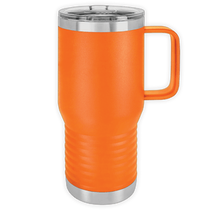 Insulated orange travel mug, custom printed with logo, with stainless steel base and clear lid. 
Product: Kodiak Coolers - 20 oz Insulated Travel Tumbler with Built in Handle