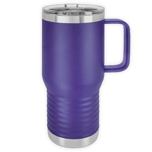 Insulated purple travel mug with a handle and stainless steel base, custom printed with logo. 
Product Name: Kodiak Coolers - 20 oz Insulated Travel Tumbler with Built in Handle