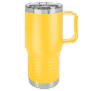 Insulated stainless steel travel mug with a yellow exterior and a handle, custom printed with logo. 
Product Name: Kodiak Coolers - 20 oz Insulated Travel Tumbler with Built in Handle