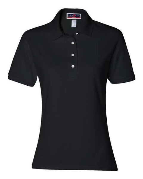 A Jerzees Women's Semi-Fitted Polo Spotshield 50/50 black polo shirt for women with a clean finished look.