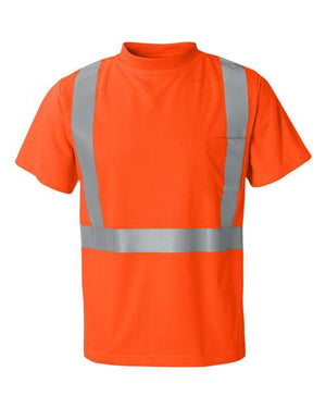 A Kishigo High Performance Microfiber Safety T-Shirt with reflective stripes designed for high performance in safety apparel.