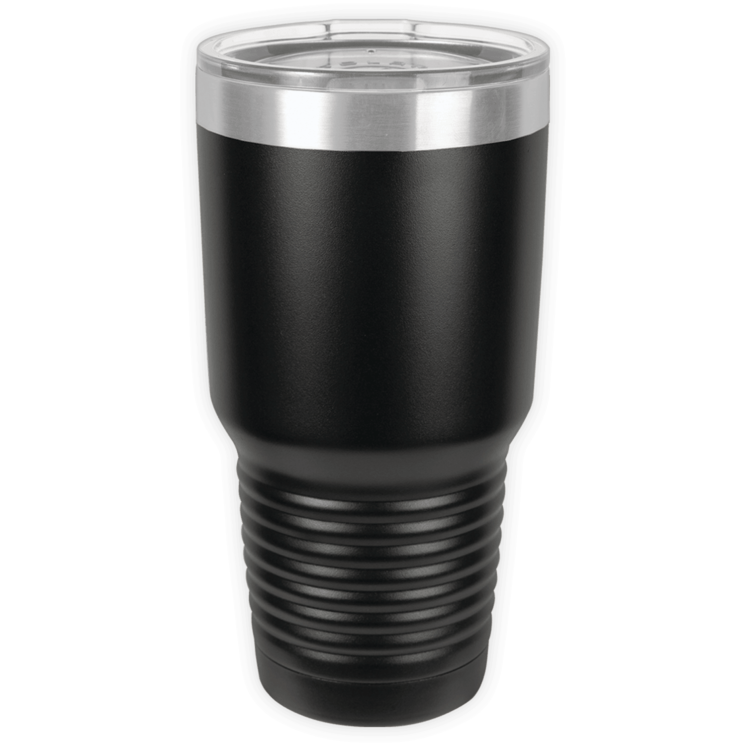The BLANK ITEM - Insulated 30 oz Tumbler by Kodiak Coolers is a black tumbler with a clear plastic lid and ribbed lower section, ideal for personalized or custom mugs, displayed upright on a white background.