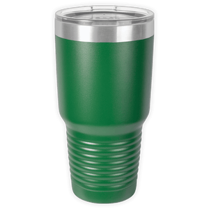 The BLANK ITEM - Insulated 30 oz Tumbler by Kodiak Coolers features a green ribbed grip, clear plastic lid, and silver rim—ideal for custom mugs or showcasing your business logo.