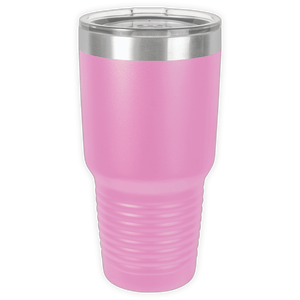 The BLANK ITEM - Insulated 30 oz Tumbler by Kodiak Coolers is a pink stainless steel travel mug with a clear plastic lid and ridged lower section, ideal for adding your business logo or making custom mugs on the go.