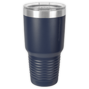 The BLANK ITEM - Insulated 30 oz Tumbler by Kodiak Coolers features a navy blue finish, clear plastic lid, stainless steel rim, and ribbed lower section—perfect for custom mugs or business logo mugs to highlight your brand.