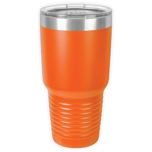 The Kodiak Coolers BLANK ITEM - Insulated 30 oz Tumbler is a large orange cup with a clear plastic lid and stainless steel rim, ideal for custom or personalized mugs, displayed against a plain white background.