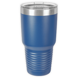 The Kodiak Coolers BLANK ITEM - Insulated 30 oz Tumbler features blue stainless steel, a clear plastic lid, a ribbed lower section, and a smooth upper half—perfect for custom mugs or showcasing your business logo.