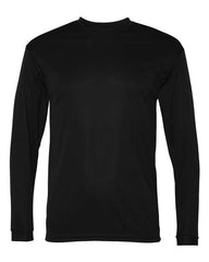 A C2 Sport Performance Long Sleeve T-Shirt by C2 Sport, in plain black with a crew neckline, featuring moisture-wicking and antimicrobial fabric, shown on a white background.