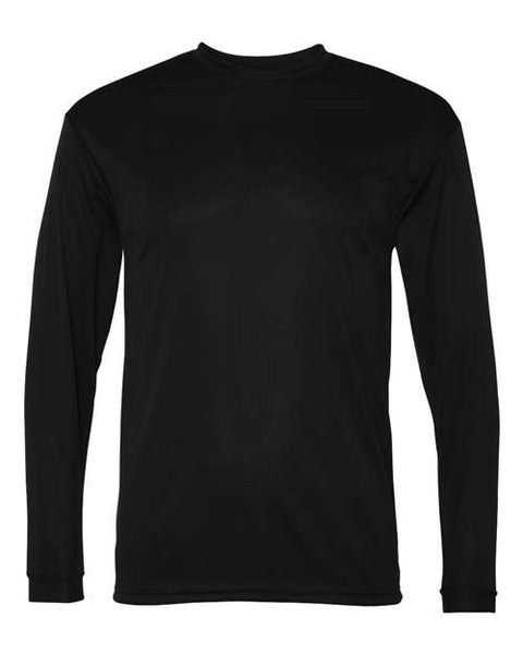 A C2 Sport Performance Long Sleeve T-Shirt by C2 Sport, in plain black with a crew neckline, featuring moisture-wicking and antimicrobial fabric, shown on a white background.