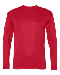 The C2 Sport Performance Long Sleeve T-Shirt by C2 Sport, showcased against a white background, is crafted from antimicrobial fabric for lasting freshness and features moisture-wicking properties to keep you dry, available in a plain red design.