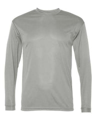 A C2 Sport Performance Long Sleeve T-Shirt from C2 Sport, featuring a plain, long-sleeved, light gray design with a crew neck and crafted from moisture-wicking fabric, displayed on a white background.