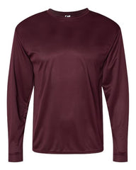 A C2 Sport Performance Long Sleeve T-Shirt, in a maroon color, displayed against a plain white background, made from moisture-wicking and antimicrobial fabric.