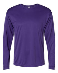 A C2 Sport Performance Long Sleeve T-Shirt, a plain, crew neck shirt in a solid purple color made from antimicrobial fabric by C2 Sport.