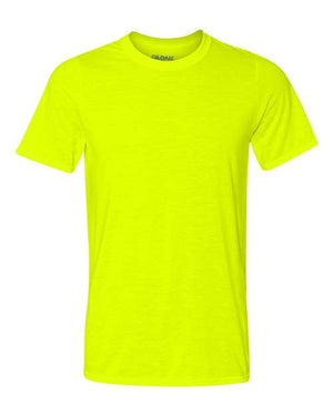 A Gildan Performance Safety T-Shirt for men on a white background with moisture management.