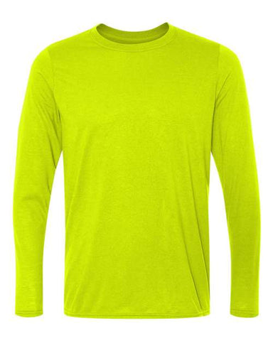 The Gildan Performance Long Sleeve Safety T-Shirt in bright green, featuring a crew neck and displayed on a plain white background, provides moisture-wicking comfort.