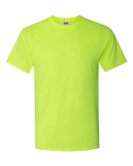 A Jerzees Dri-Power Performance Short Sleeve T-Shirt in neon yellow polyester on a white background.