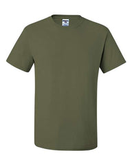 A JERZEES Midweight Dri-Power 50/50 T-Shirt for men's olive green made of cotton/polyester blend with moisture management performance.