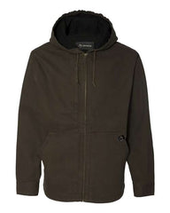 A Dri Duck Laredo Boulder Cloth Canvas Jacket with Thermal Lining, brown hooded jacket for men with wind resistance and a thermal lining.