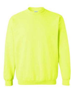A Gildan Heavy Blend Safety Crewneck Sweatshirt on a classic fit, made of fleece fabric.