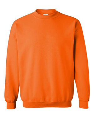 A Gildan Heavy Blend Safety Crewneck Sweatshirt on a white background made with fleece fabric.