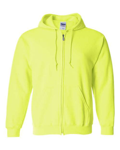 A classic fit Gildan Heavy Blend Full-Zip Hoodie Safety Sweatshirt with a metal zipper.
