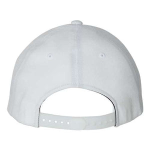 A white baseball cap with a Flexfit 110 Flat Bill Snapback closure for adjustable fit.