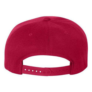 A red Flexfit 110 Flat Bill Snapback hat with a structured six-panel design on a white background.
