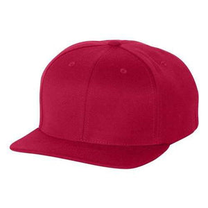 A red structured six-panel Flexfit 110 Flat Bill Snapback Hat on a white background.