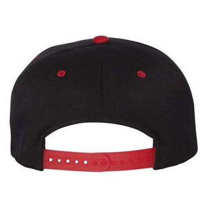 A structured six-panel Flexfit 110 Flat Bill Snapback hat in black and red on a white background.