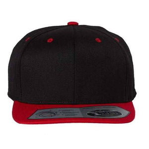 A structured Flexfit 110 Flat Bill Snapback hat in black and red on a white background.