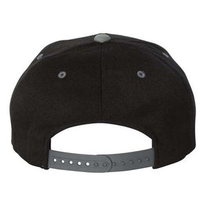 A structured six-panel Flexfit 110 Flat Bill Snapback hat in black and grey, set against a white background.