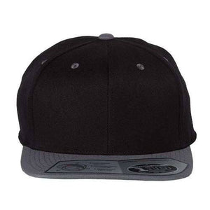 A Flexfit 110 Flat Bill Snapback Hat in black and grey on a white background.