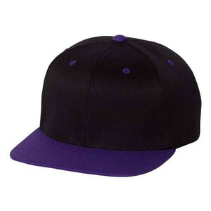 A black and purple Flexfit 110 Flat Bill Snapback hat with a structured six-panel design on a white background.